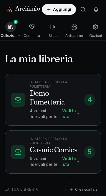 La libreria del cliente: in cima le fumetterie che gli tengono dei volumi da parte, con il numero di volumi riservati